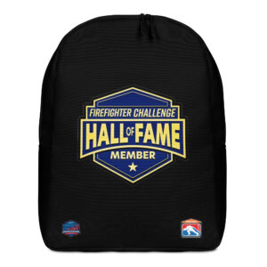 A black backpack featuring the Firefighter Challenge Hall of Fame Member emblem, highlighting the honor and achievement in the Firefighter Challenge.