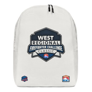 A white backpack with the West Regional Firefighter Challenge Classic logo in dark blue and white