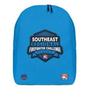 A blue backpack with the "Southeast Regional Firefighter Challenge Classic" logo in blue and white, featuring a shield design. Two smaller logos are on the bottom corners.