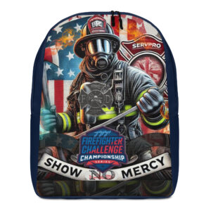 Firefighter Challenge Championship backpack featuring a firefighter in full gear, SERVPRO logo, and "Show No Mercy" banner.