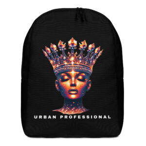 photo of a black backpack with an image of a golden queen with the words "Urban Professional"