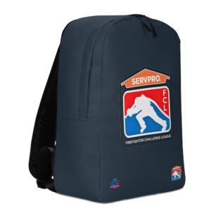 Dark-colored backpack with SERVPRO® Firefighter Challenge League logo centered, featuring additional firefighter challenge badges at the bottom.