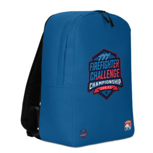 A blue backpack with the Firefighter Challenge Championship Series logo prominently displayed in the center, with small challenge badges near the bottom.