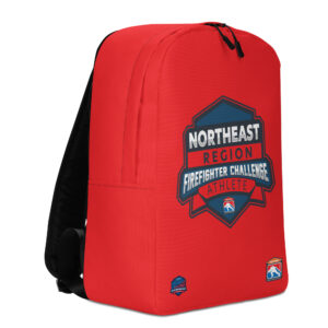 A red backpack featuring the Northeast Region Firefighter Challenge Athlete logo in the center, with smaller challenge badges at the bottom corners.