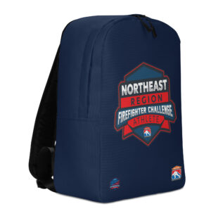 A navy-blue backpack with the Northeast Region Firefighter Challenge logo prominently displayed, featuring the words "Athlete" across the bottom. Two smaller challenge badges are located at the bottom corners.