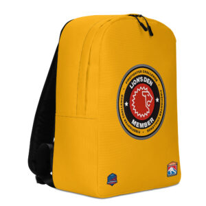 A yellow backpack featuring the Lion's Den Member emblem in the center, displaying a red lion's head and Firefighter Challenge logos near the bottom.