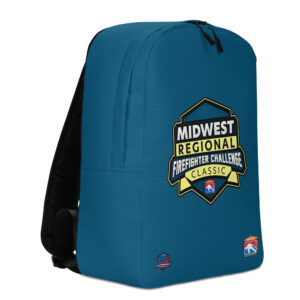 A blue backpack featuring the Midwest Regional Firefighter Challenge Classic emblem in the center, with firefighter challenge logos near the bottom.