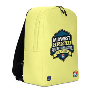 A bright yellow backpack featuring the Midwest Regional Firefighter Challenge Classic emblem in the center, with firefighter challenge logos near the bottom