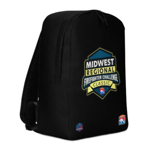 A black backpack featuring the Midwest Regional Firefighter Challenge Classic emblem, along with firefighter challenge logos near the bottom.