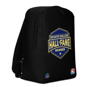 A black backpack featuring the Firefighter Challenge Hall of Fame Member emblem, highlighting the honor and achievement in the Firefighter Challenge.