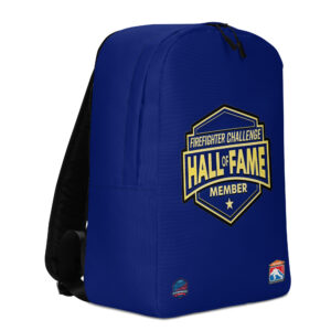 A blue backpack showcasing the Firefighter Challenge Hall of Fame Member emblem, honoring achievements in firefighting competitions.