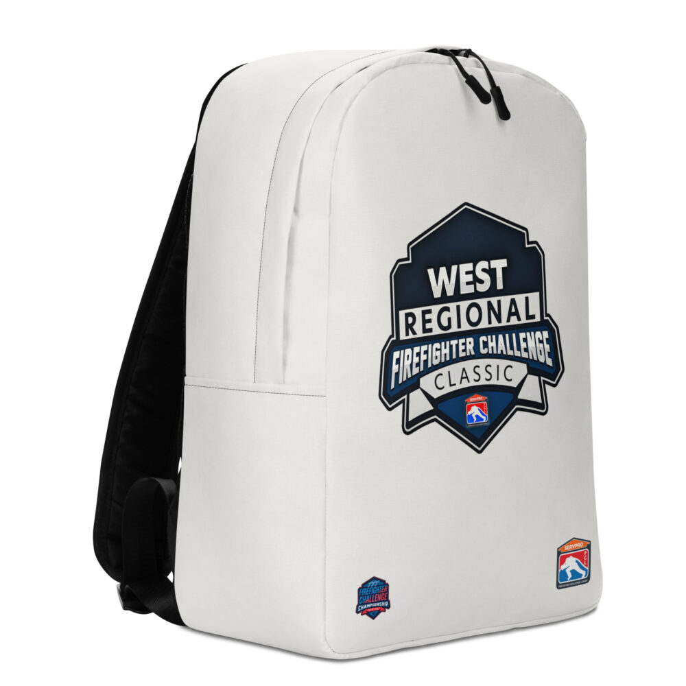 A white backpack with the West Regional Firefighter Challenge Classic logo in dark blue and white