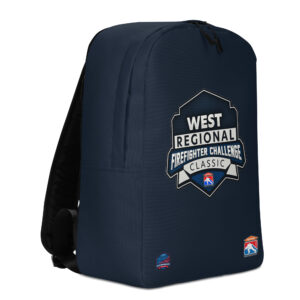 A navy backpack featuring the "West Regional Firefighter Challenge Classic" logo in bold font, accented with a shield emblem. The official Firefighter Challenge Series logos are displayed on the bottom corners.