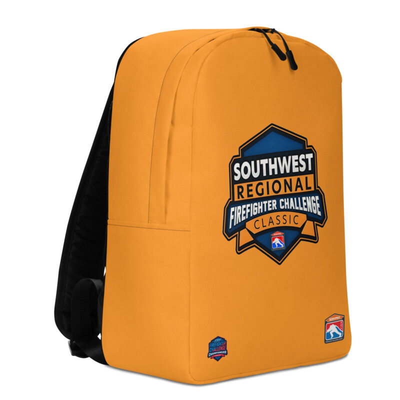 An orange backpack with the "Southwest Regional Firefighter Challenge Classic" logo in orange and blue on the front, featuring a shield design. Firefighter Challenge logos are visible in the bottom corners.