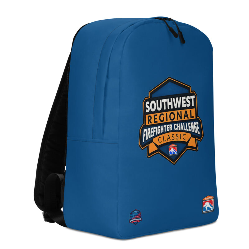 : A blue backpack featuring the "Southwest Regional Firefighter Challenge Classic" logo in orange and blue on the front with a shield design. Smaller Firefighter Challenge logos are visible in the bottom corners.