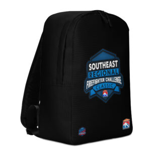 A black backpack with the "Southeast Regional Firefighter Challenge Classic" logo in blue and white, featuring a shield design. Two smaller logos are on the bottom corners.