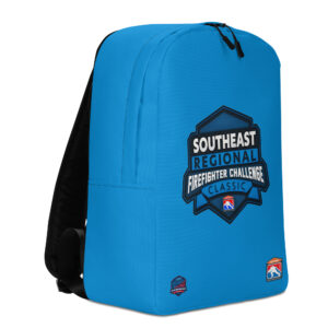 A blue backpack with the "Southeast Regional Firefighter Challenge Classic" logo in blue and white, featuring a shield design. Two smaller logos are on the bottom corners.