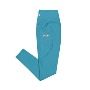 photo of folded sky blue leggings with upw logo