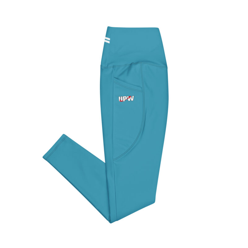 photo of folded sky blue leggings with upw logo