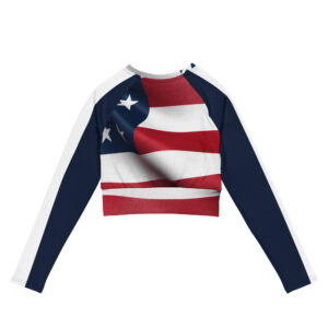 A long-sleeve cropped top with the American flag across the chest. The sleeves are navy with a white stripe running down each arm.