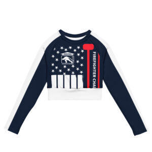 Firefighter Challenge Championship Series long sleeve crop top with an American flag on the back and firefighter challenge insignia on the front.