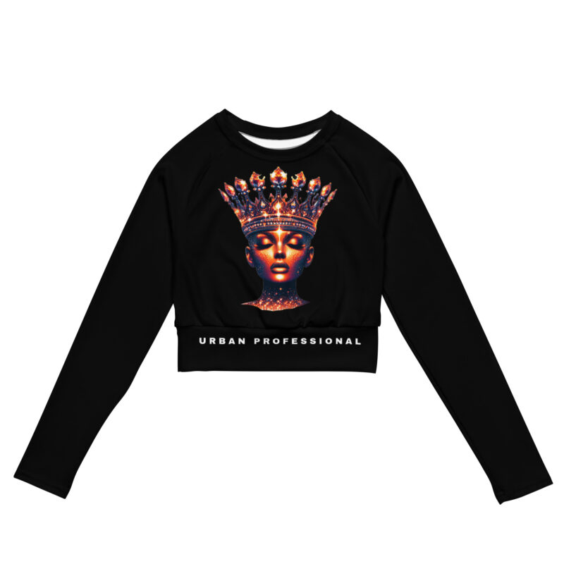 A black cropped long-sleeve top featuring a stunning design of a queen-like figure wearing an ornate crown. The intricate graphic highlights empowerment and elegance. Below the design is the text 'Urban Professional,' blending both sophistication and athleticism.