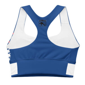 A blue sports bra featuring a patriotic red, white, and blue Firefighter Challenge League design with a racerback style.