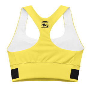 A yellow sports bra featuring a black and white patriotic Firefighter Challenge League design with a racerback style.