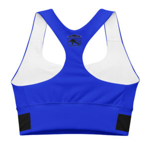 A blue sports bra featuring a black and white patriotic Firefighter Challenge League design with a racerback style.