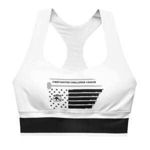 A white sports bra featuring a black and white patriotic Firefighter Challenge League design, with a racerback style.