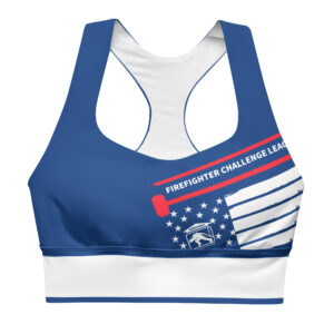 A blue sports bra featuring a patriotic red, white, and blue Firefighter Challenge League design with a racerback style.