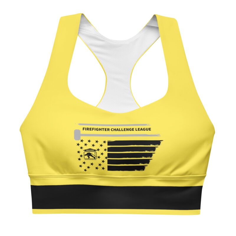 A yellow sports bra featuring a black and white patriotic Firefighter Challenge League design with a racerback style.