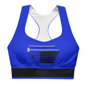 A blue sports bra featuring a black and white patriotic Firefighter Challenge League design with a racerback style.