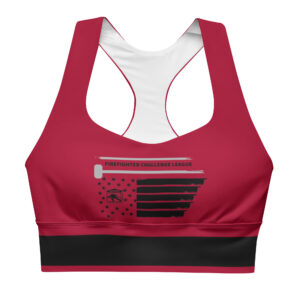 A red sports bra featuring a black and white patriotic Firefighter Challenge League design with a racerback style.