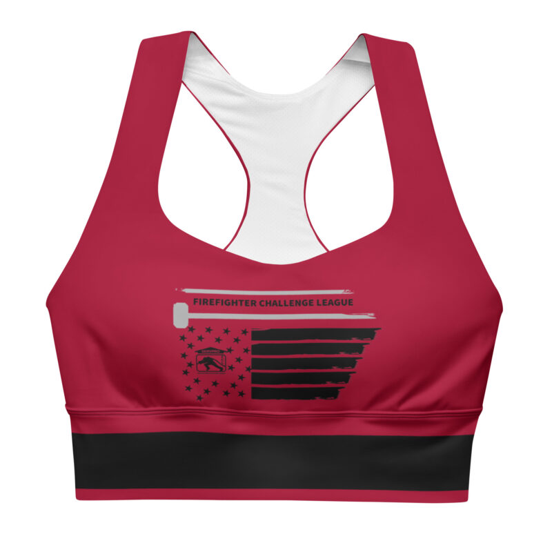 A red sports bra featuring a black and white patriotic Firefighter Challenge League design with a racerback style.