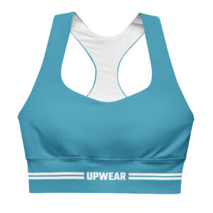 A photo of a sky blue sports bra