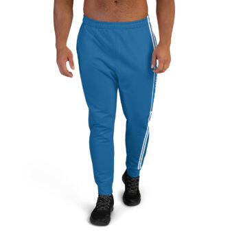 Blue joggers with "CHAMPION" written on the side, featuring white side stripes.