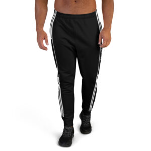 Black joggers with "CHAMPION" text running vertically along the sides in white, accompanied by white side stripes.