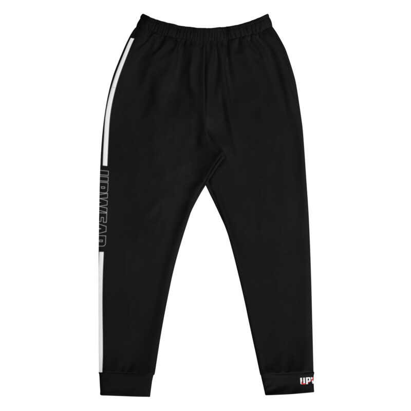 Black Upwear Track Pants with dual white stripes and branded logo on the leg, designed for comfort and performance.