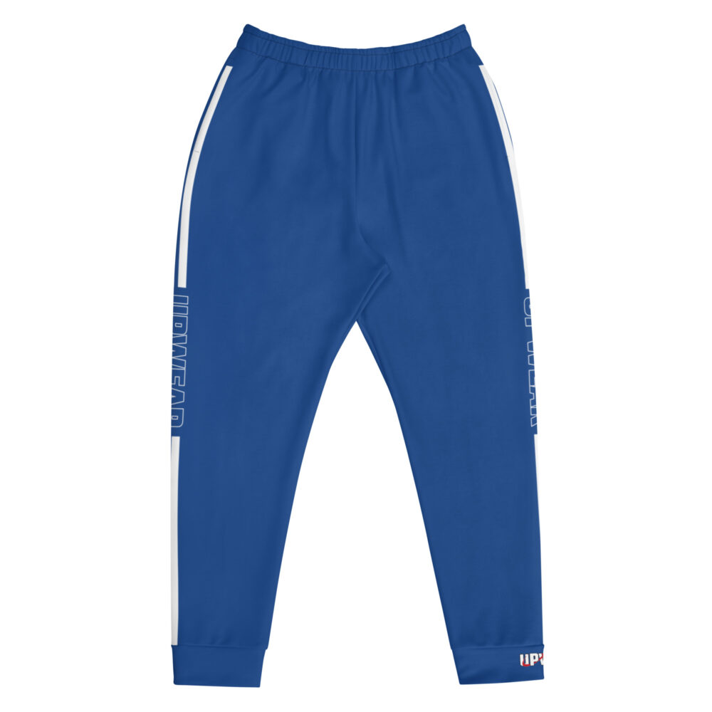 UPWEAR blue performance joggers with tapered fit, breathable fabric, elastic waistband, and bold branding.