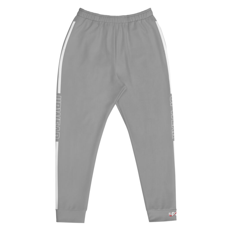 UPWEAR gray performance joggers with tapered fit, breathable fabric, elastic waistband, and sleek branding.