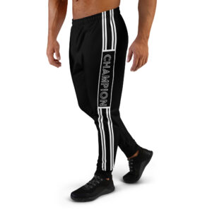 Black joggers with "CHAMPION" text running vertically along the sides in white, accompanied by white side stripes.