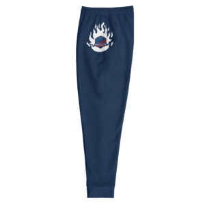 A pair of navy blue joggers with the FCCS logo and flame graphic on the upper leg, representing the Firefighter Challenge Championship Series.