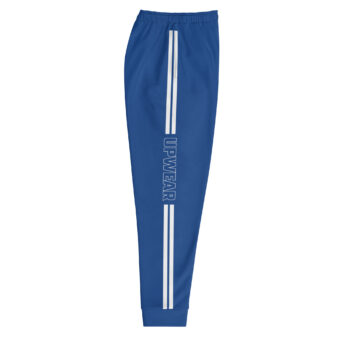 UPWEAR blue performance joggers with tapered fit, breathable fabric, elastic waistband, and bold branding.