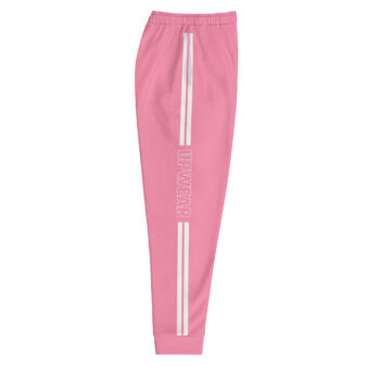 UPWEAR pink joggers with white stripes, bold modern design, comfortable fit, and UPWEAR branding.