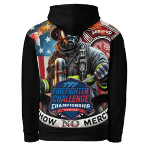 black hoodies with a small distressed American flag design on the chest and large 'No Mercy' logo on the back, part of the Firefighter Challenge League