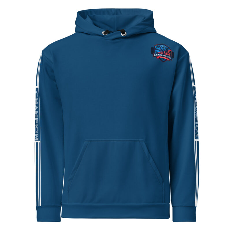 Blue hoodie with "CHAMPION" text running down the sleeves and Firefighter Challenge Championship logo on the chest.