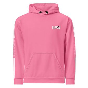 Pink hoodie with UPWEAR logo on chest and sleeves, accented by white stripe detailing.