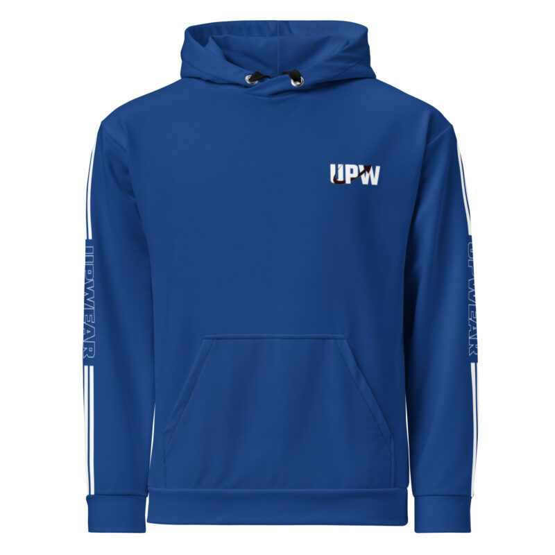 Man wearing a blue RCR Upwear hoodie with the UPWEAR logo on the chest