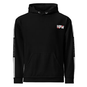 Black RCR Upwear hoodie featuring UPWEAR logo on the chest and branding on the sleeves.